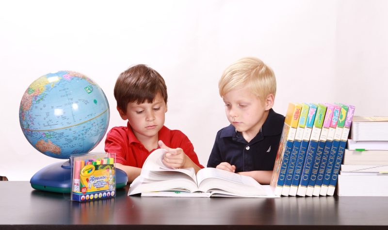2 petits garçons regardent un livre, sur la table un globe terrestre, des feutres dans une boites et des livres posés à la verticale