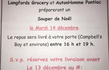 A poster in French advertising a Christmas supper put on by AutonHomme Pontiac and Langford's Grocery.