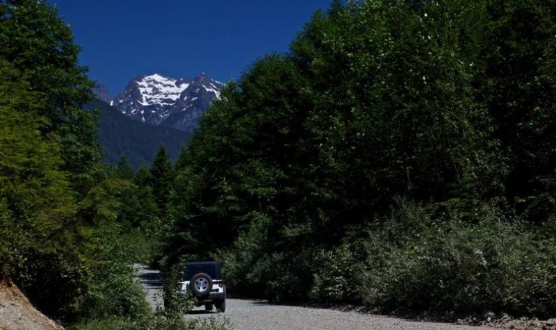 A single car travelling through an isolated Road into the forest of mission