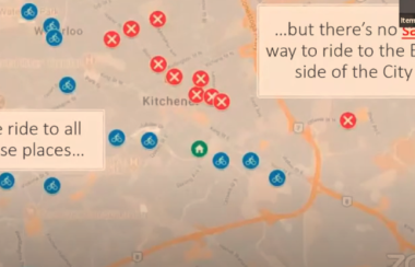 A map of Kitchener, with blue dots with tiny little cyclists in the middle representing where the presenter at the Kitchener city council meetings felt safe biking with their family, and red dots with an X to represent where they would like to be able to bike but found it unsafe. The blue dots are on the left side of the image and the red dots are on the right side