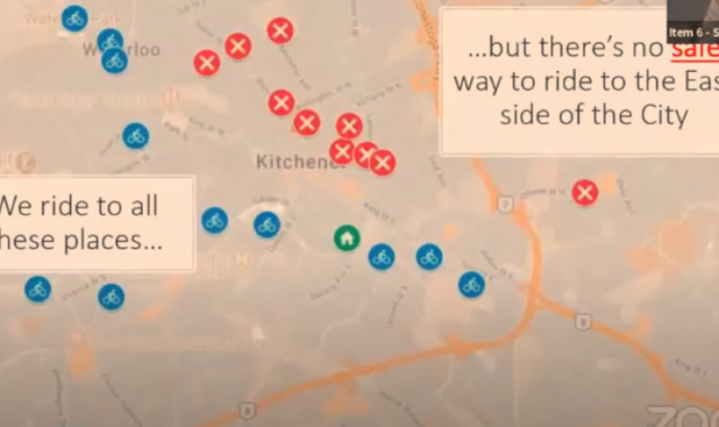 A map of Kitchener, with blue dots with tiny little cyclists in the middle representing where the presenter at the Kitchener city council meetings felt safe biking with their family, and red dots with an X to represent where they would like to be able to bike but found it unsafe. The blue dots are on the left side of the image and the red dots are on the right side