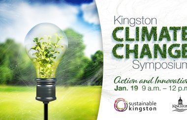 An image of a lightbulb in a field, with greenery blossoming from inside the bulb. Beside the image reads details of Kingston's Climate Change Symposium.