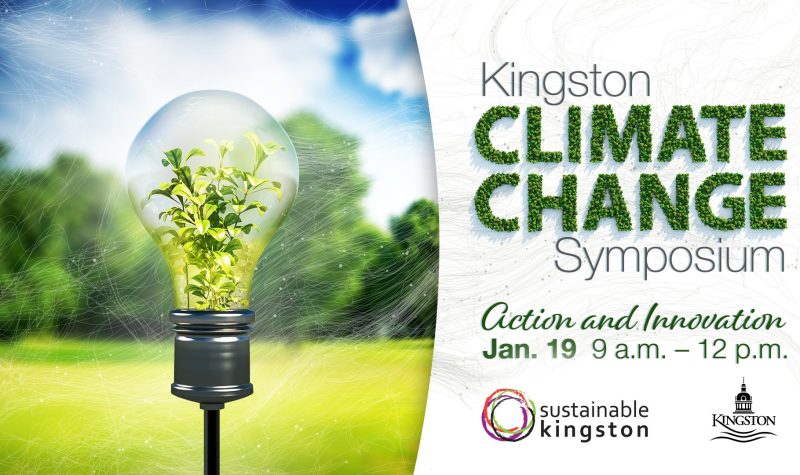 An image of a lightbulb in a field, with greenery blossoming from inside the bulb. Beside the image reads details of Kingston's Climate Change Symposium.