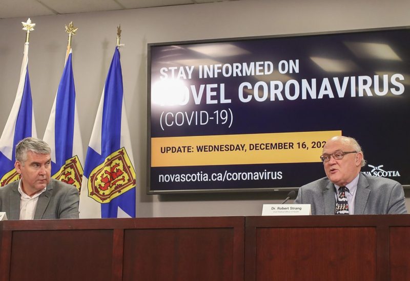 Dr. Robert Strang and Premier Stephen McNeil sit at a long table at a press conference with six Nova Scotia flags behind them.