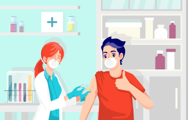 Un dessin d'une docteur qui vaccine un jeune patient dans un t-shirt rouge, les deux portent un masque.