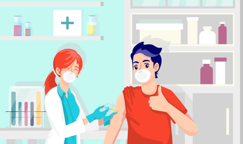 Un dessin d'une docteur qui vaccine un jeune patient dans un t-shirt rouge, les deux portent un masque.