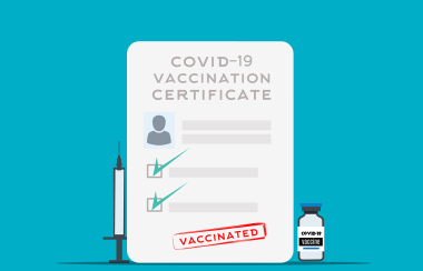 Un panneau indiquant Covid-19, vaccination, certificate, ,
