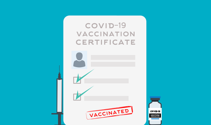 Un panneau indiquant Covid-19, vaccination, certificate, ,