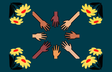 A drawing of different coloured hands reaching out to touch each of the other hands. Yellow flowers sit around the hands in each corner. The background is dark blue.