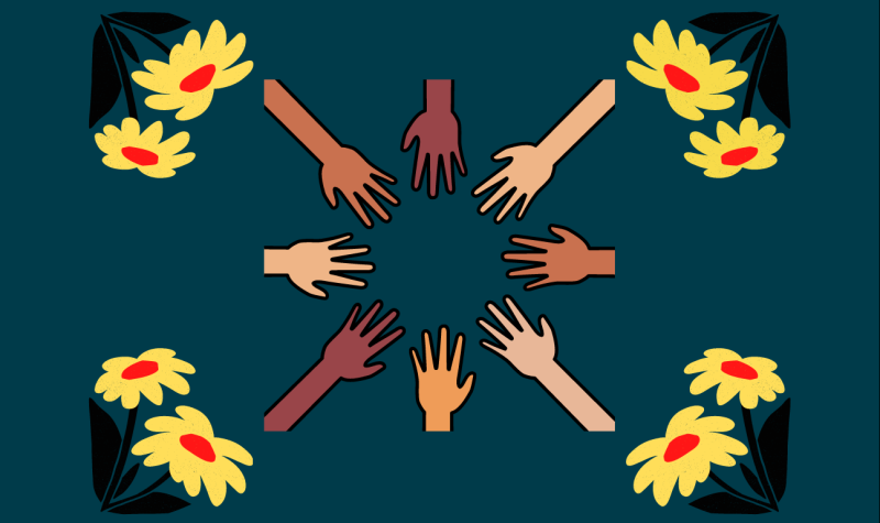 A drawing of different coloured hands reaching out to touch each of the other hands. Yellow flowers sit around the hands in each corner. The background is dark blue.
