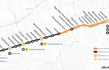 A line of subway stops on a white and grey background