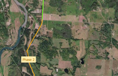 an overhead map shows the three phases of construction for a bicycle trail along Highway 16 in the Bulkley Valley.