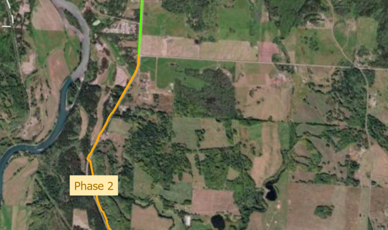 an overhead map shows the three phases of construction for a bicycle trail along Highway 16 in the Bulkley Valley.