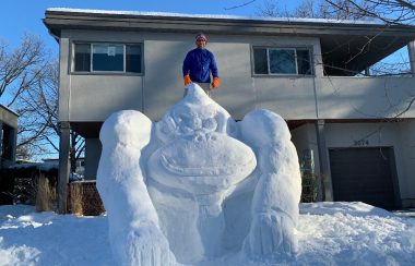 A 12-foot sculpture of Donkey Kong made out of snow is seen on someone's snowy front lawn, with a man standing at the top, wearing a blue winter coat and orange gloves.