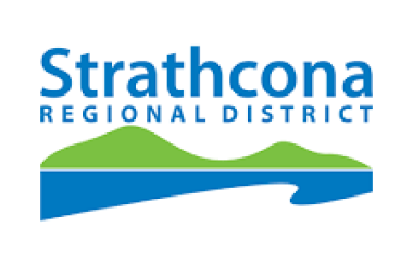A blue, green and white logo is depicted on a graphic representing the Strathcona Regional District.