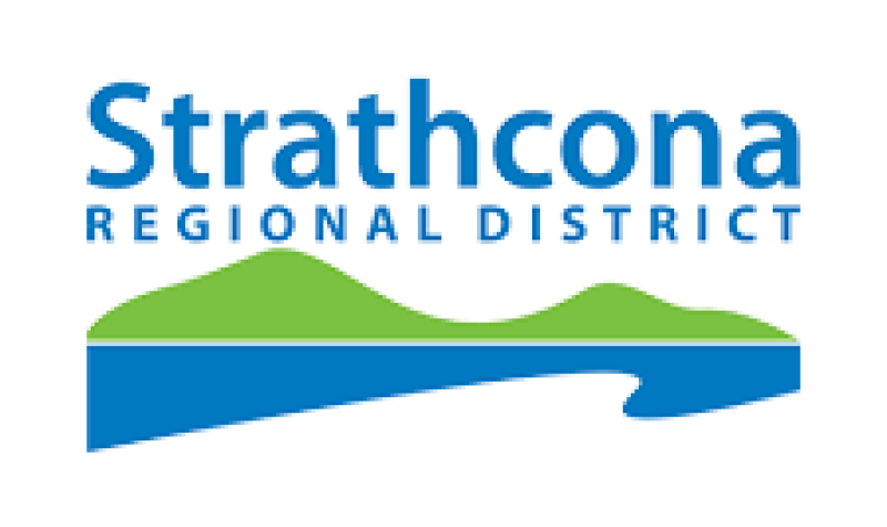 A blue, green and white logo is depicted on a graphic representing the Strathcona Regional District.