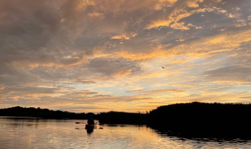 A kayaker can be seen paddling on water as a marsh sits in the background. The sky is filled with clouds and blue skies.