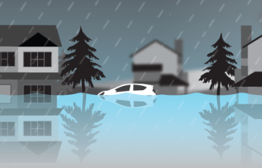 A cartoon photo of a car on a flooded road.