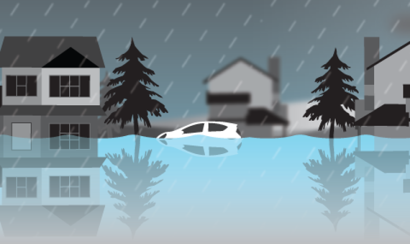 A cartoon photo of a car on a flooded road.