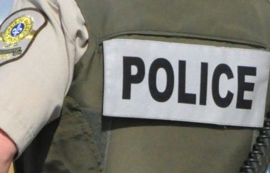 A photo of the word police (SQ) on the back of a police vest.