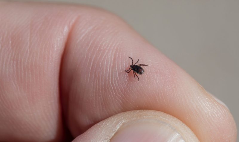 A very small western black legged tick sits upon someones finger tip to give scale to the arthropod.