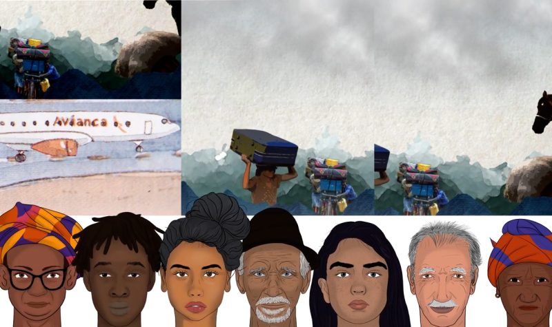Diseño gráfico, 7 rostros mestizos abajo, sobre ellos dibujos de personas migrando, cargando maletas, un avión.