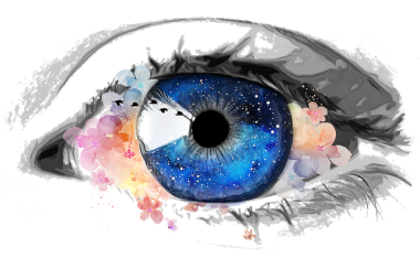 Dessin d'un oeil gauche. L'iris est de couleur bleue. Des tâches roses se trouvent dans le contour de l'oeil.