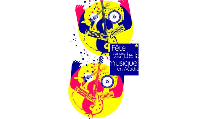 Logo de la fete de la musique en Acadie sur fond blanc. Des instruments sont dessinés dans des ronds de couleur et veulent laisser voir un visage stylisé. Logo jaune, rose et bleu.