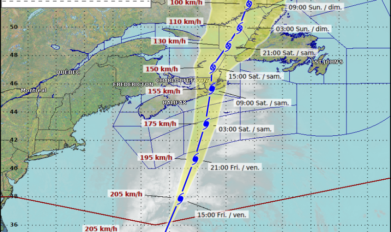 A map showing a hurricane track across Atlantic Canada.