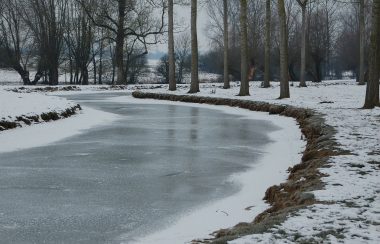 Une rivière gelée en hiver serpente entre des arbres.