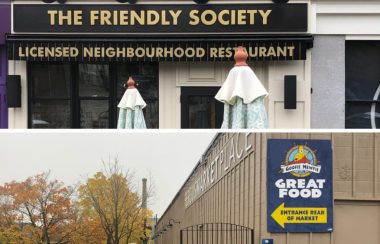 The entrance to The Friendly Society in Elora and the entrance to The Goofie Newfie in Fergus.