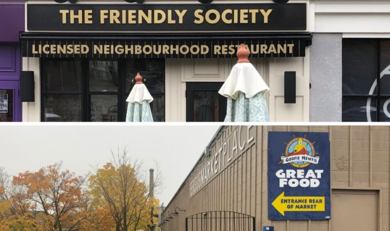 The entrance to The Friendly Society in Elora and the entrance to The Goofie Newfie in Fergus.