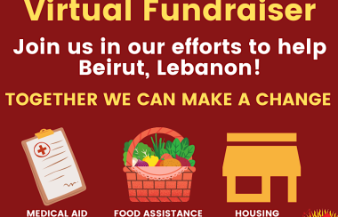 A red graphic event advertisement by the Lebanese Canadian Society of British Columbia for a fundraiser for the Beirut explosion