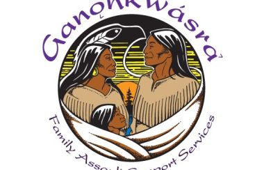 Ganohkwasra Logo, drawing of two women and a child with a bird silhouette in the background