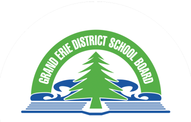 Green semi circle sits above a green evergreen tree with blue waves surrounding the bottom half of the tree. Grand Erie District School Board in text all along the green semi circle. with the withs Learn Lead and Inspire all sitting beneath the tree in green, orange, and blue boxes.