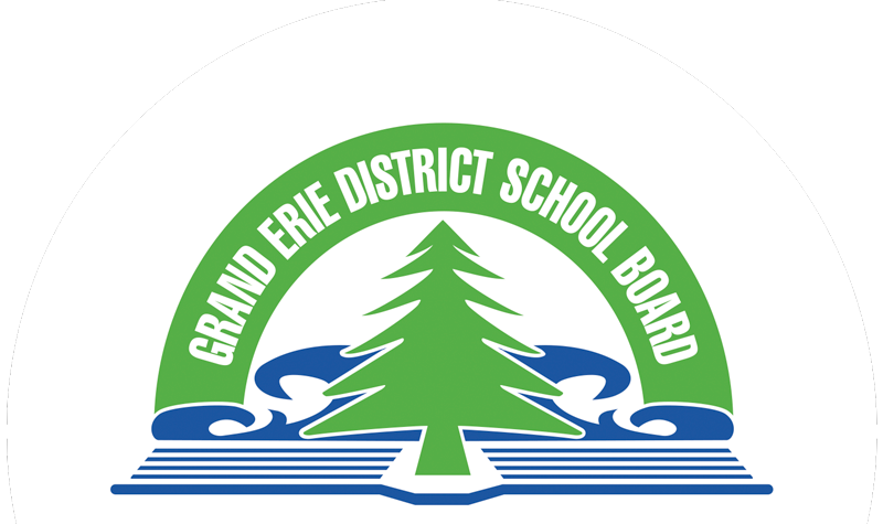 Green semi circle sits above a green evergreen tree with blue waves surrounding the bottom half of the tree. Grand Erie District School Board in text all along the green semi circle. with the withs Learn Lead and Inspire all sitting beneath the tree in green, orange, and blue boxes.