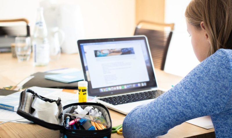 On voit une jeune fille âgée d'environ 11 ans, assise à une table qui semble travailler sur un ordinateur portable. On voit la jeune fille de profil et des articles de matériel scolaire sont placés sur la table près de l'ordinateur.