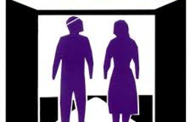 Grand River Employment and Training logo- black and purple on white background. Image  of two open doors with two people figures walking through them.-image from website