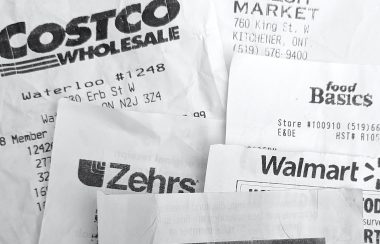 A pile of grocery receipts from stores in Kitchener-Waterloo