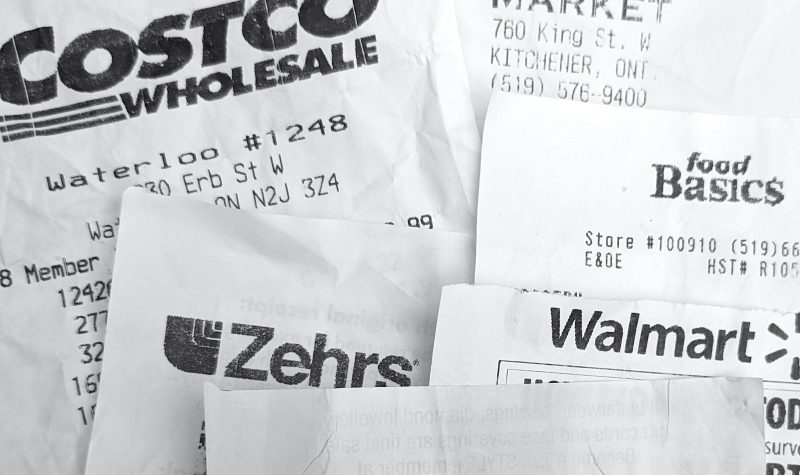 A pile of grocery receipts from stores in Kitchener-Waterloo