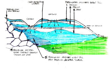 A hand drawn diagram in black has areas shaded in blue and green.