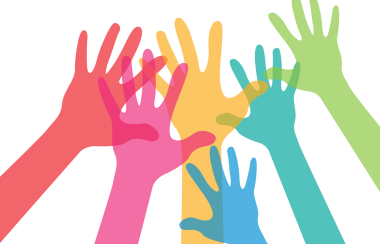 Drawing of hands reaching up together. The hands are all different colours (red, pink, yellow, blue, teal, and lime green.)