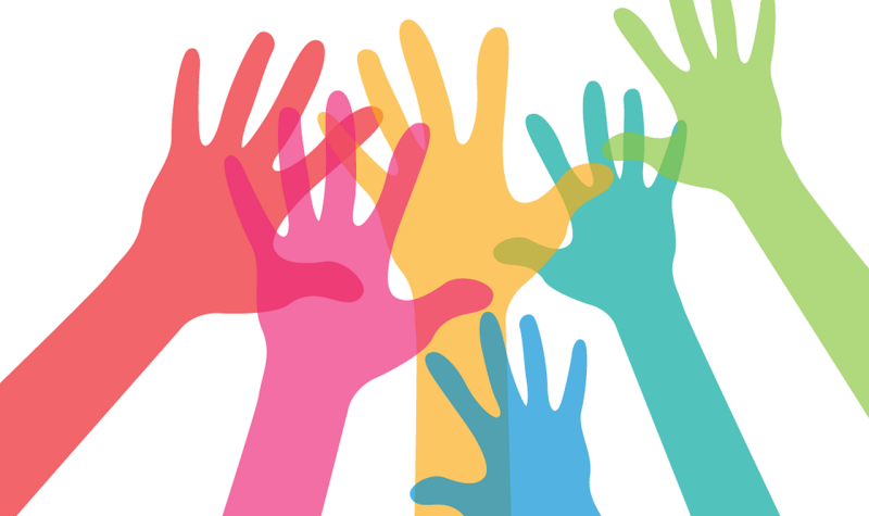 Drawing of hands reaching up together. The hands are all different colours (red, pink, yellow, blue, teal, and lime green.)