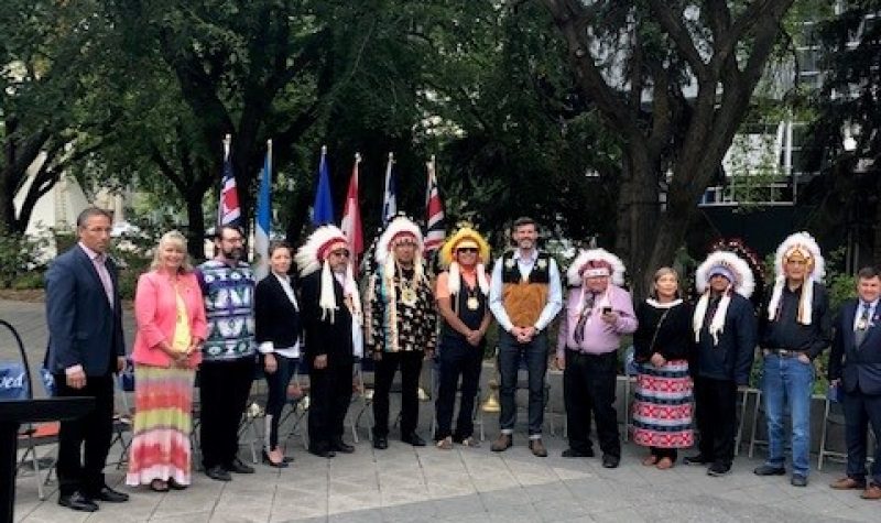 Group photo of Chiefs at Treaty 6 Recognition Day at Edmonton City Hall