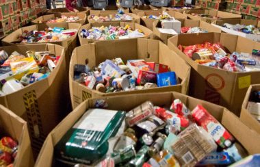 Numerous cardboard boxes filled with food items.