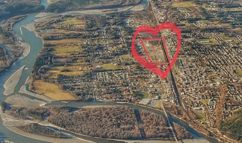 An aerial view of Terrace with a red heart graphic drawn over downtown