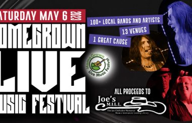 Homegrown Live Music Festival promotional banner. Four musicians are in circle cut-outs performing live on stage, with details of the event in text.