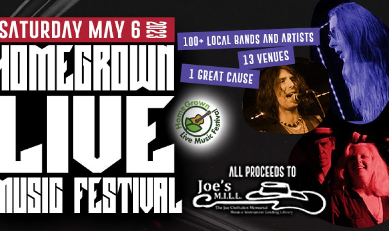 Homegrown Live Music Festival promotional banner. Four musicians are in circle cut-outs performing live on stage, with details of the event in text.