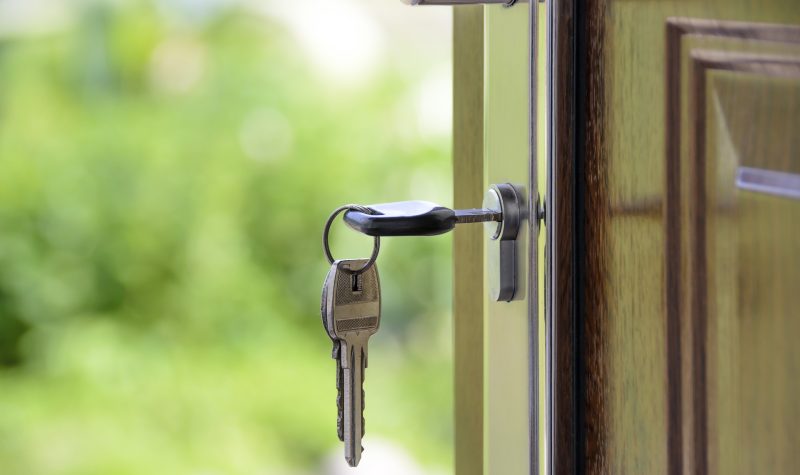 A set of keys left in a lock on an outside door in focus, with a green garden in the background