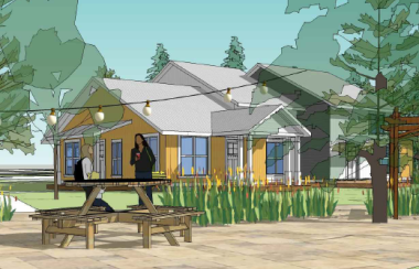 A multicoloured artist's sketch of proposed Rainbow Ridge affordable housing project.. The housing units are seen in the centre surrounded by forest.